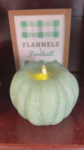 Load and play video in Gallery viewer, video of Green Chalky Pumpkin Flameless Candle with moving flame and chalky matte finish
