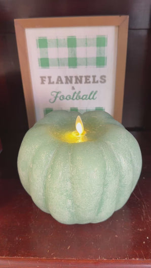 video of Green Chalky Pumpkin Flameless Candle with moving flame and chalky matte finish