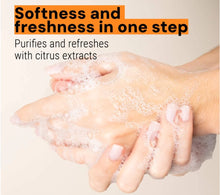 Load image into Gallery viewer, Hands with Provence soap suds and text about softness, freshness, purification, and refreshing with citrus extracts.
