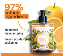 Load image into Gallery viewer, Bottle of Provence liquid soap with lemon design, surrounded by lemons and text highlighting natural ingredients and eco-design.
