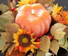 Load image into Gallery viewer, Flameless pumpkin candle glowing on fall table centerpiece
