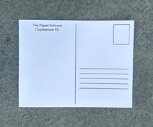 Load image into Gallery viewer, Back of a postcard with 'The Paper Unicorn Doylestown PA
