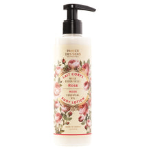Load image into Gallery viewer, A pump bottle of Panier des Sens Rose Body Lotion with floral design on the label.
