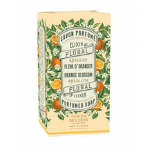 Load image into Gallery viewer, A packaged bar of Panier des Sens French soap with orange and green floral design, labeled as &#39;Orange Blossom Floral Elixir&#39; and &#39;Perfumed Soap&#39;.
