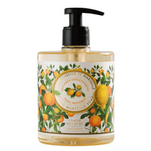 Load image into Gallery viewer, A clear pump bottle of Panier des Sens Provence liquid soap with a label featuring a colorful illustration of lemons and olives.

